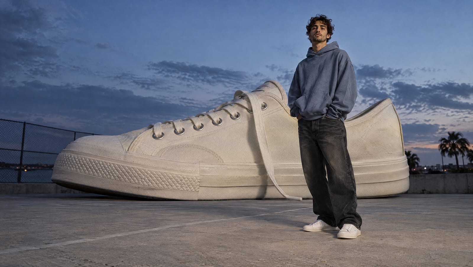 A model leaning against an oversized white canvas sneaker on a waterfront at dusk